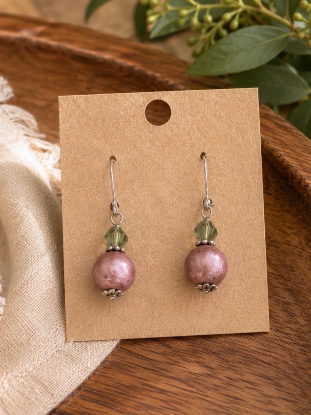 Artisan Dusty Pink Glass Drop Earrings Green Crystal Vintage Beads Silver-Tone
